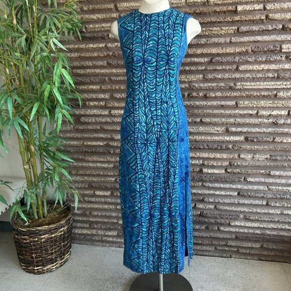 Kiyomi of Hawaii Iolani Vintage Hawaiian Blue Leaf Print Barkcloth Maxi Dress - Picture 8 of 9
